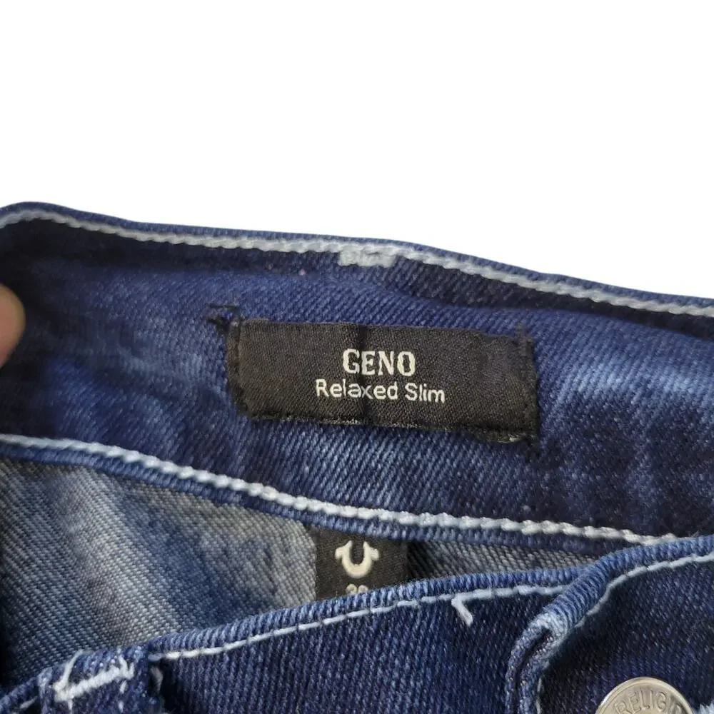 True Religion Jeans 36x31 Geno Relaxed Slim Dark Wash Stretch Flap Thick Stitch